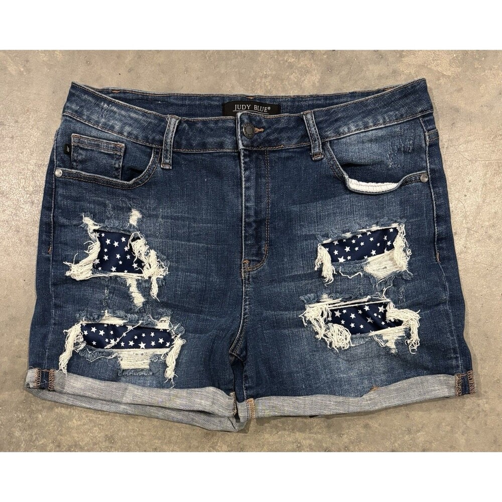 Judy Blue Americana Distressed Star Patch Denim Shorts JB150061 Womens XL